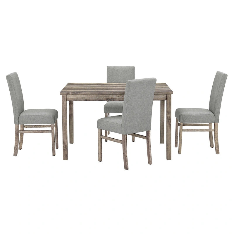 Rustic 5-Piece Dining Set, Rectangular Table & 4 Upholstered Chairs, Seats 4, Antique Yellow+Gray / Black+Gray