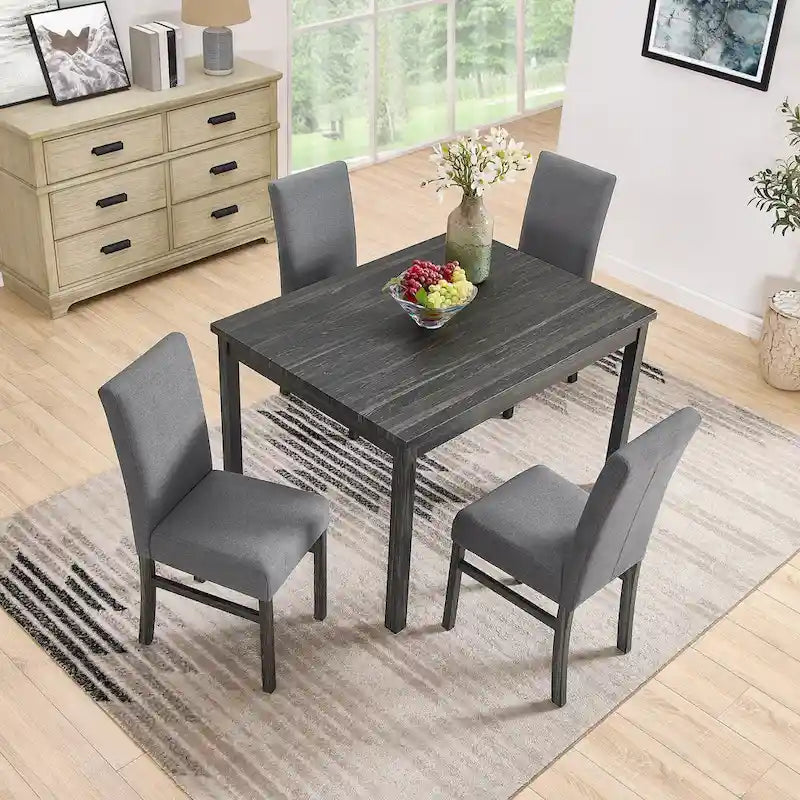 Rustic 5-Piece Dining Set, Rectangular Table & 4 Upholstered Chairs, Seats 4, Antique Yellow+Gray / Black+Gray