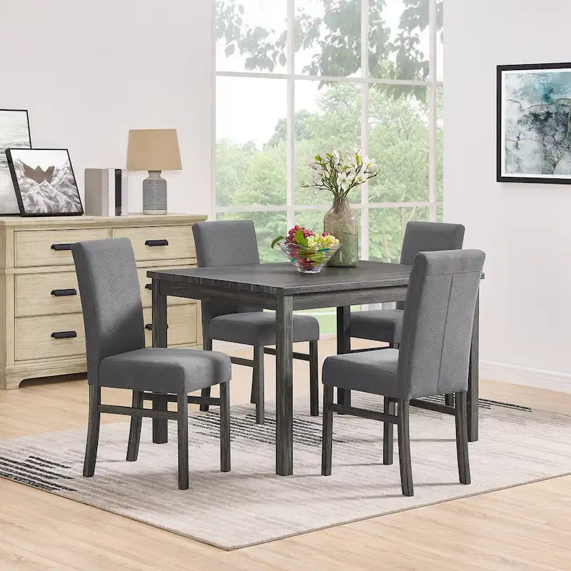 Rustic 5-Piece Dining Set, Rectangular Table & 4 Upholstered Chairs, Seats 4, Antique Yellow+Gray / Black+Gray