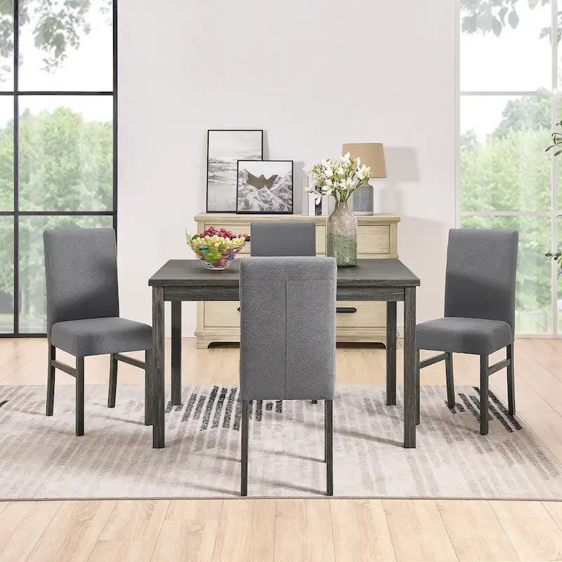 Rustic 5-Piece Dining Set, Rectangular Table & 4 Upholstered Chairs, Seats 4, Antique Yellow+Gray / Black+Gray