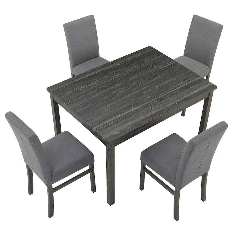 Rustic 5-Piece Dining Set, Rectangular Table & 4 Upholstered Chairs, Seats 4, Antique Yellow+Gray / Black+Gray
