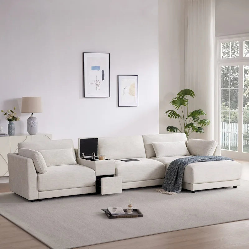 Beige/Gray Chenille L-Shaped Sectional Sofa with Storage Console & USB, 4-Seater