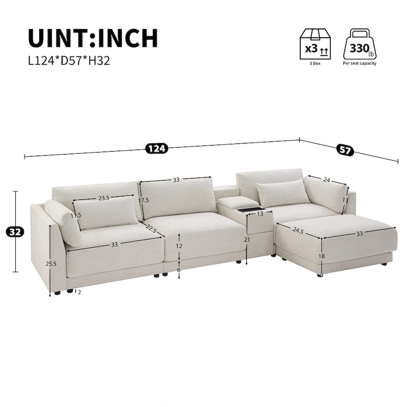Beige/Gray Chenille L-Shaped Sectional Sofa with Storage Console & USB, 4-Seater