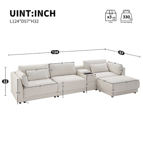 Beige/Gray Chenille L-Shaped Sectional Sofa with Storage Console & USB, 4-Seater