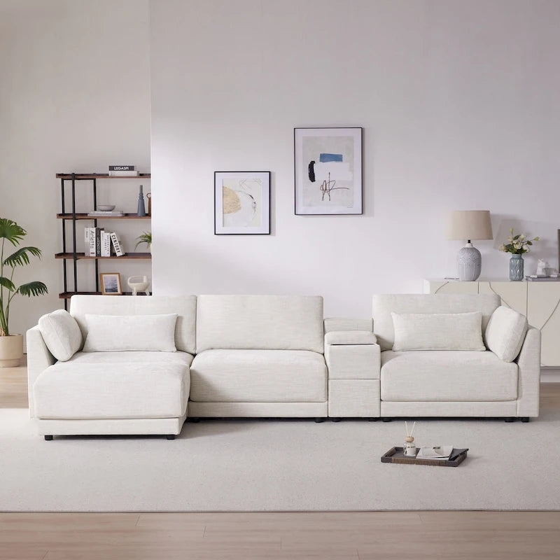 Beige/Gray Chenille L-Shaped Sectional Sofa with Storage Console & USB, 4-Seater