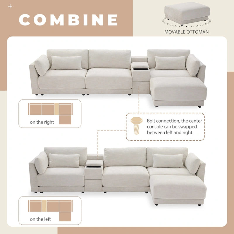 Beige/Gray Chenille L-Shaped Sectional Sofa with Storage Console & USB, 4-Seater