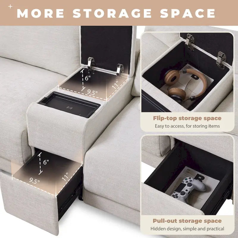 Beige/Gray Chenille L-Shaped Sectional Sofa with Storage Console & USB, 4-Seater