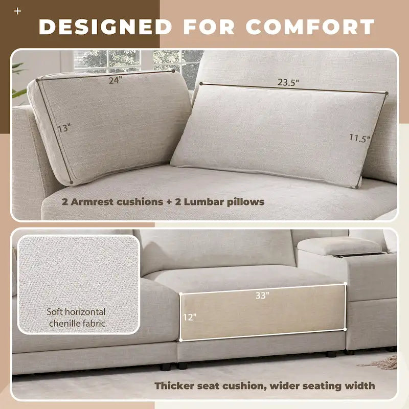 Beige/Gray Chenille L-Shaped Sectional Sofa with Storage Console & USB, 4-Seater