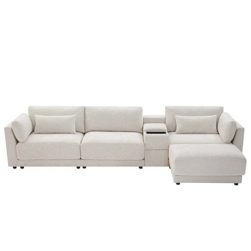 Beige/Gray Chenille L-Shaped Sectional Sofa with Storage Console & USB, 4-Seater