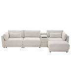 Beige/Gray Chenille L-Shaped Sectional Sofa with Storage Console & USB, 4-Seater