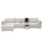 Beige/Gray Chenille L-Shaped Sectional Sofa with Storage Console & USB, 4-Seater