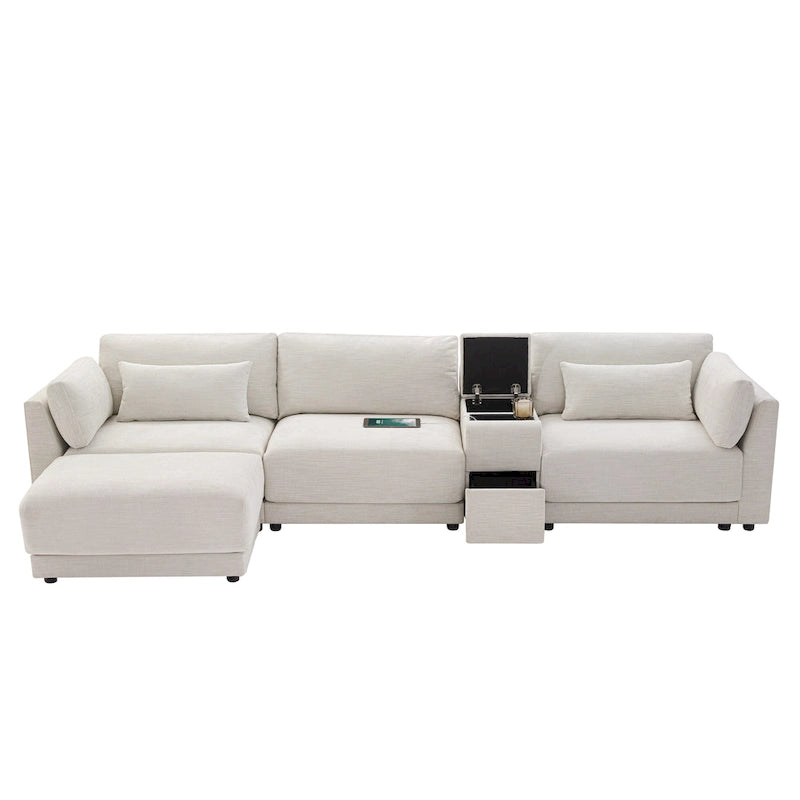 Beige/Gray Chenille L-Shaped Sectional Sofa with Storage Console & USB, 4-Seater