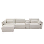 Beige/Gray Chenille L-Shaped Sectional Sofa with Storage Console & USB, 4-Seater