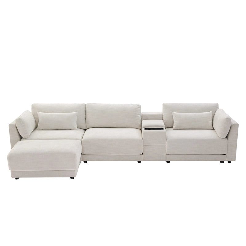 Beige/Gray Chenille L-Shaped Sectional Sofa with Storage Console & USB, 4-Seater