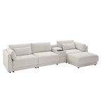Beige/Gray Chenille L-Shaped Sectional Sofa with Storage Console & USB, 4-Seater