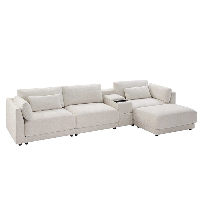 Beige/Gray Chenille L-Shaped Sectional Sofa with Storage Console & USB, 4-Seater