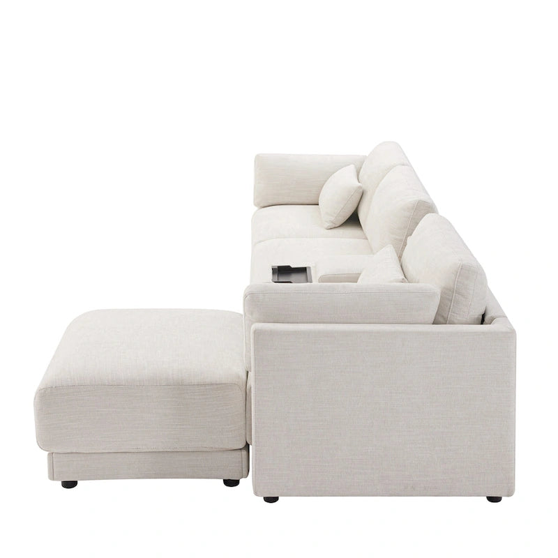 Beige/Gray Chenille L-Shaped Sectional Sofa with Storage Console & USB, 4-Seater