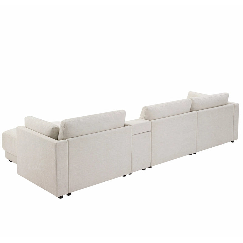 Beige/Gray Chenille L-Shaped Sectional Sofa with Storage Console & USB, 4-Seater
