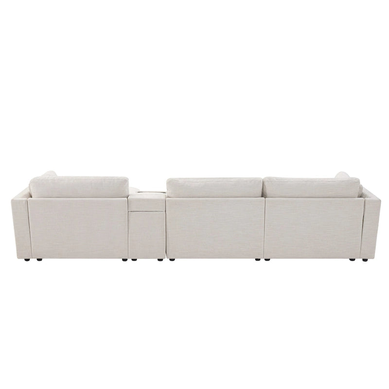 Beige/Gray Chenille L-Shaped Sectional Sofa with Storage Console & USB, 4-Seater