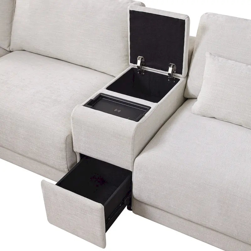 Beige/Gray Chenille L-Shaped Sectional Sofa with Storage Console & USB, 4-Seater