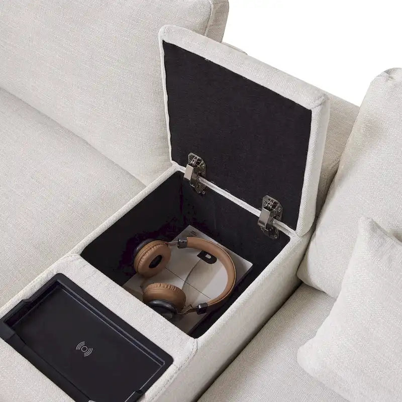 Beige/Gray Chenille L-Shaped Sectional Sofa with Storage Console & USB, 4-Seater