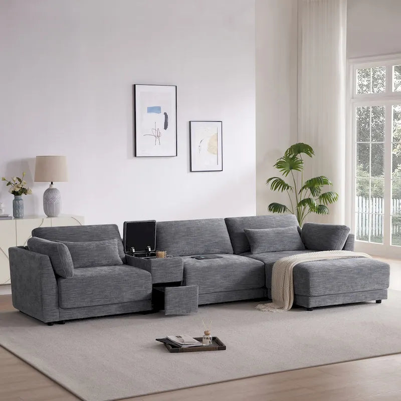 Beige/Gray Chenille L-Shaped Sectional Sofa with Storage Console & USB, 4-Seater