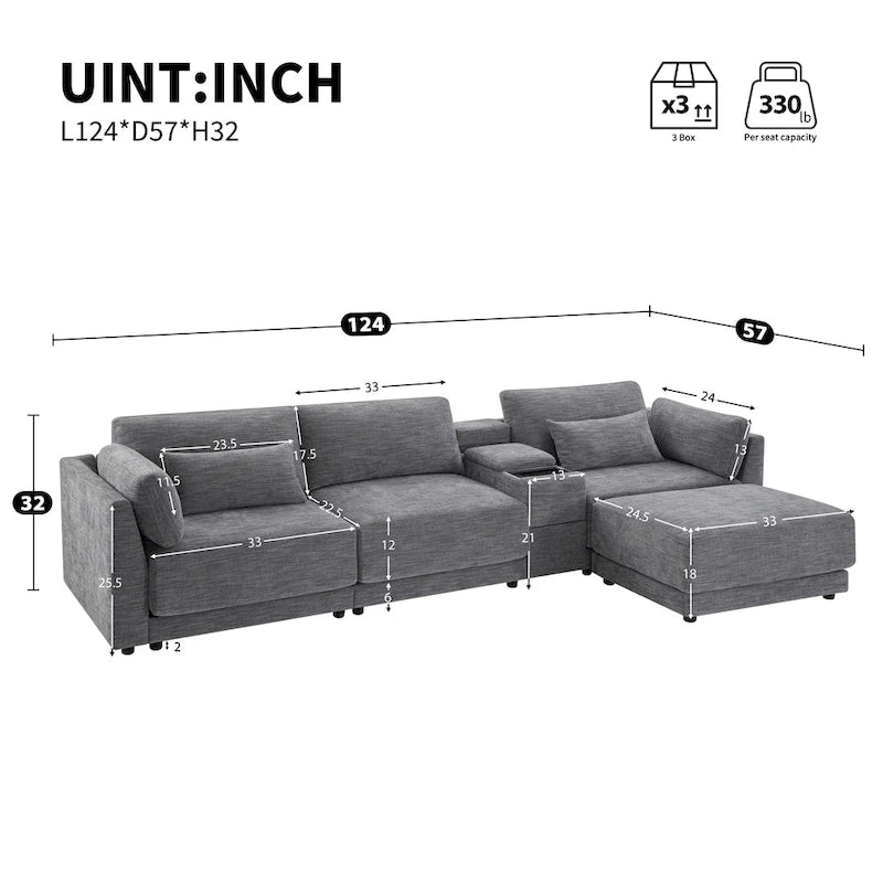 Beige/Gray Chenille L-Shaped Sectional Sofa with Storage Console & USB, 4-Seater