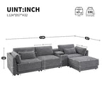 Beige/Gray Chenille L-Shaped Sectional Sofa with Storage Console & USB, 4-Seater
