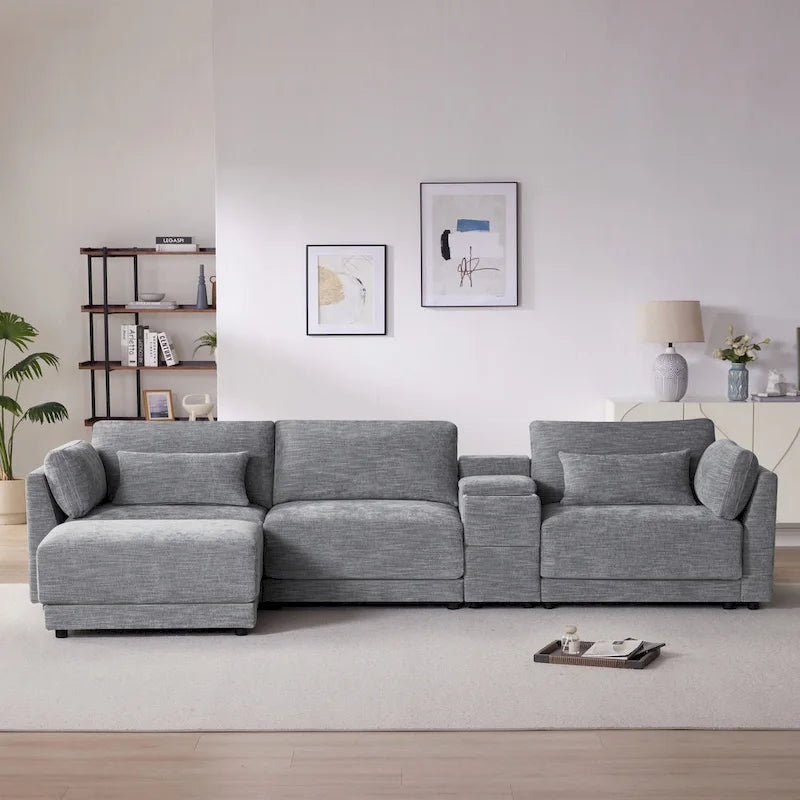 Beige/Gray Chenille L-Shaped Sectional Sofa with Storage Console & USB, 4-Seater