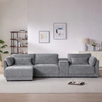 Beige/Gray Chenille L-Shaped Sectional Sofa with Storage Console & USB, 4-Seater