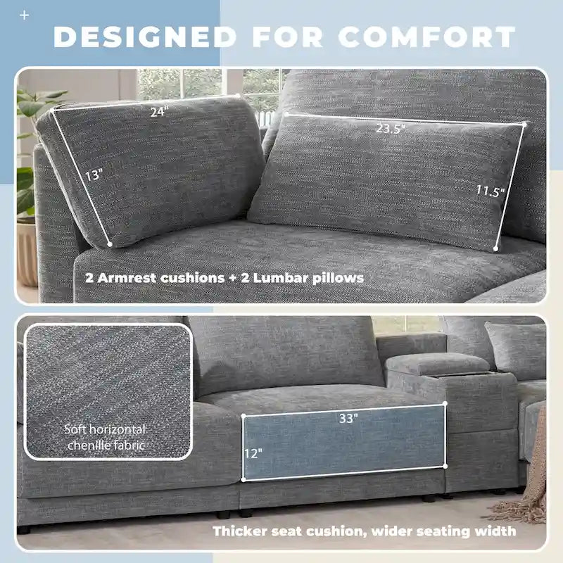 Beige/Gray Chenille L-Shaped Sectional Sofa with Storage Console & USB, 4-Seater