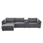 Beige/Gray Chenille L-Shaped Sectional Sofa with Storage Console & USB, 4-Seater