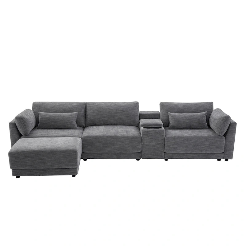 Beige/Gray Chenille L-Shaped Sectional Sofa with Storage Console & USB, 4-Seater