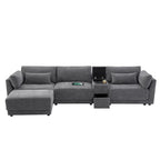 Beige/Gray Chenille L-Shaped Sectional Sofa with Storage Console & USB, 4-Seater