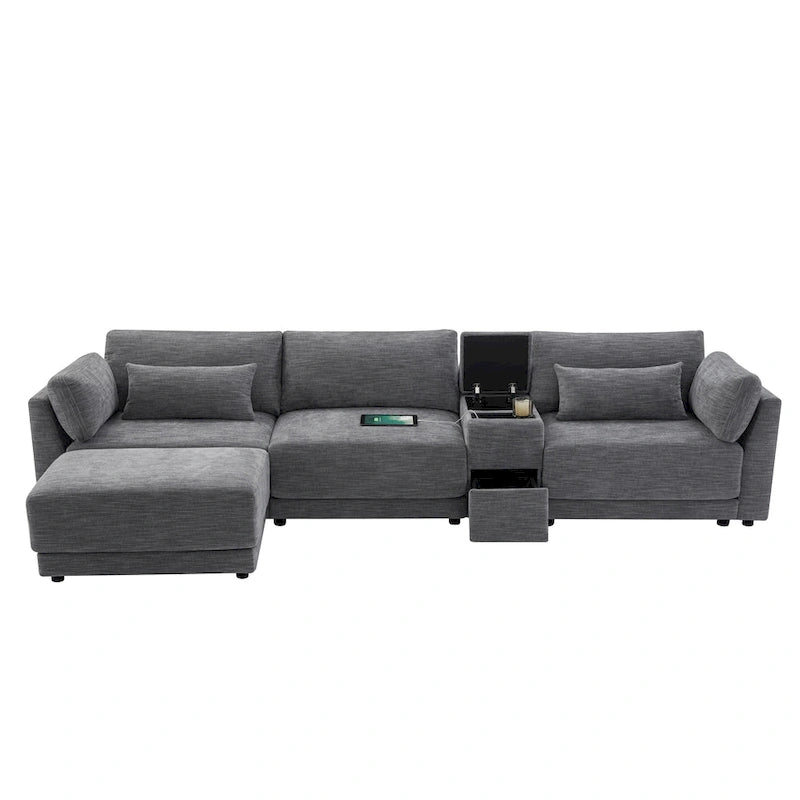 Beige/Gray Chenille L-Shaped Sectional Sofa with Storage Console & USB, 4-Seater