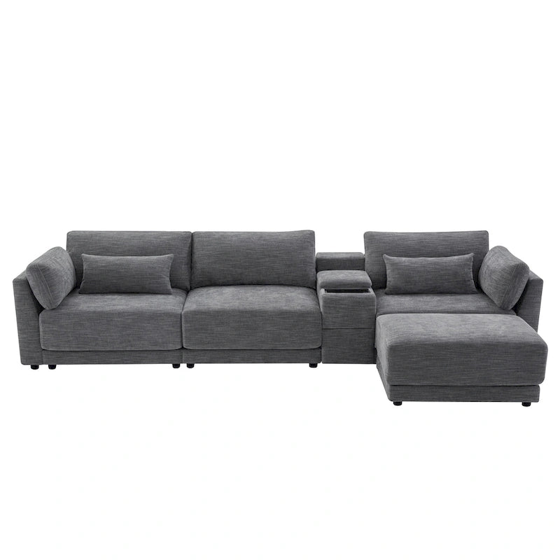 Beige/Gray Chenille L-Shaped Sectional Sofa with Storage Console & USB, 4-Seater