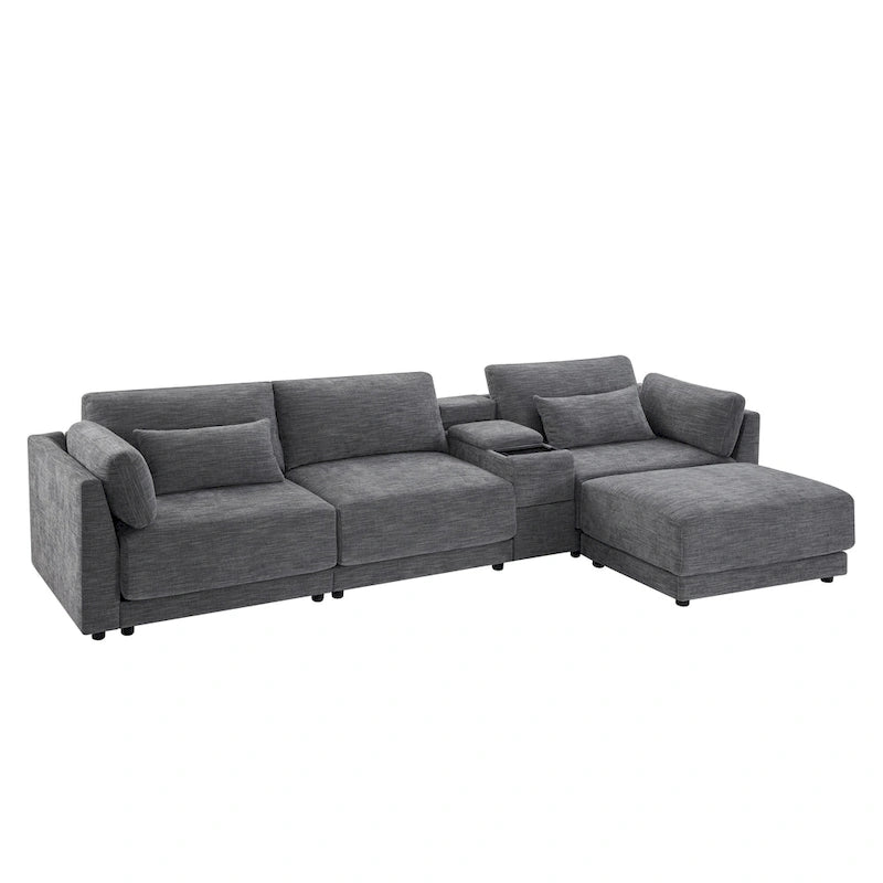 Beige/Gray Chenille L-Shaped Sectional Sofa with Storage Console & USB, 4-Seater