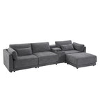 Beige/Gray Chenille L-Shaped Sectional Sofa with Storage Console & USB, 4-Seater
