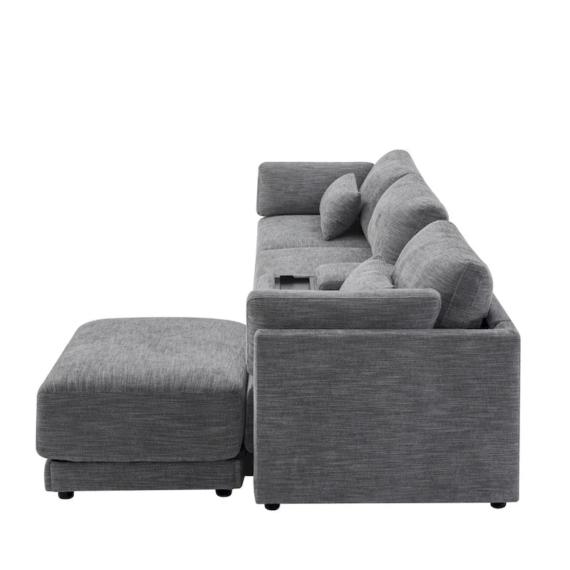 Beige/Gray Chenille L-Shaped Sectional Sofa with Storage Console & USB, 4-Seater