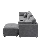 Beige/Gray Chenille L-Shaped Sectional Sofa with Storage Console & USB, 4-Seater
