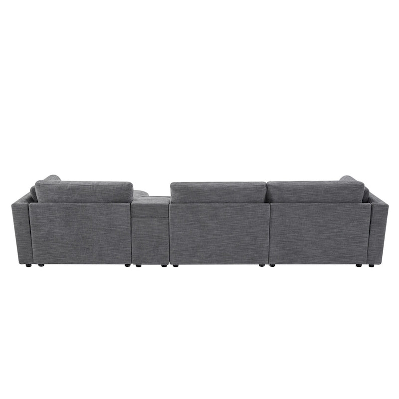 Beige/Gray Chenille L-Shaped Sectional Sofa with Storage Console & USB, 4-Seater