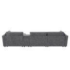 Beige/Gray Chenille L-Shaped Sectional Sofa with Storage Console & USB, 4-Seater