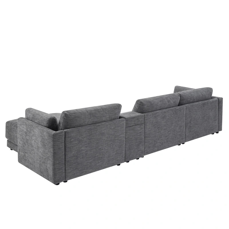 Beige/Gray Chenille L-Shaped Sectional Sofa with Storage Console & USB, 4-Seater