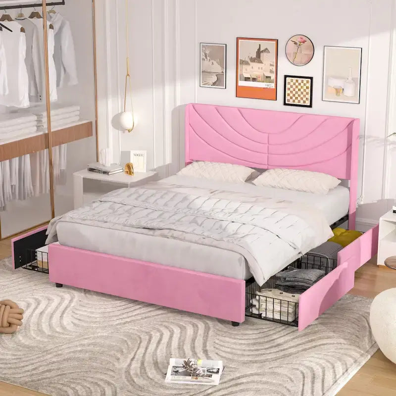 Pink/Blue Velvet Upholstered Bed Frame with Headboard & 4 Storage Drawers, Full/Queen, for 1-2