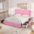 Pink/Blue Velvet Upholstered Bed Frame with Headboard & 4 Storage Drawers, Full/Queen, for 1-2