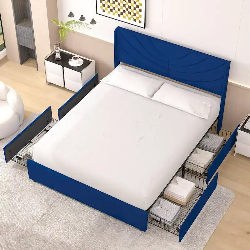 Pink/Blue Velvet Upholstered Bed Frame with Headboard & 4 Storage Drawers, Full/Queen, for 1-2
