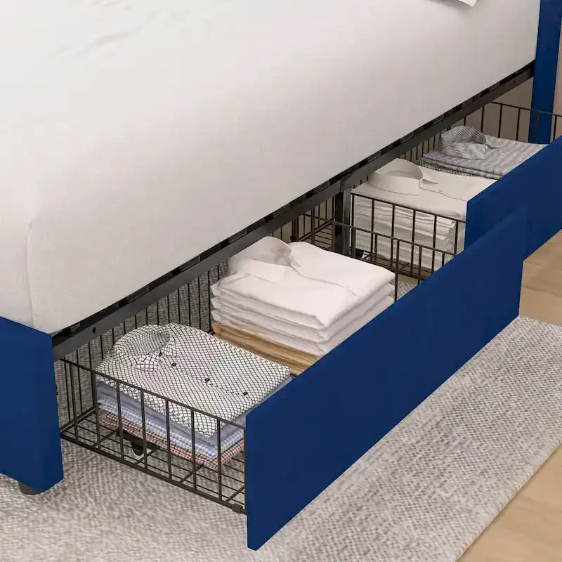 Pink/Blue Velvet Upholstered Bed Frame with Headboard & 4 Storage Drawers, Full/Queen, for 1-2