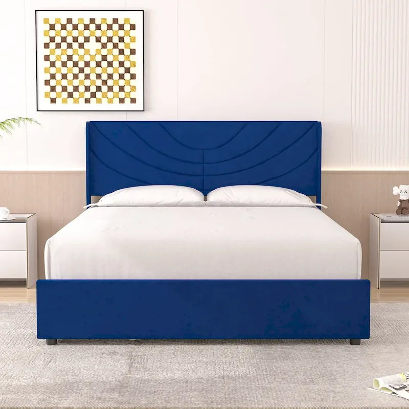 Pink/Blue Velvet Upholstered Bed Frame with Headboard & 4 Storage Drawers, Full/Queen, for 1-2
