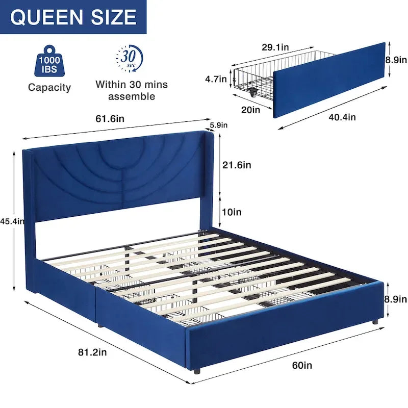 Pink/Blue Velvet Upholstered Bed Frame with Headboard & 4 Storage Drawers, Full/Queen, for 1-2