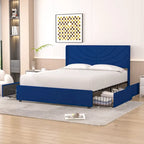 Pink/Blue Velvet Upholstered Bed Frame with Headboard & 4 Storage Drawers, Full/Queen, for 1-2